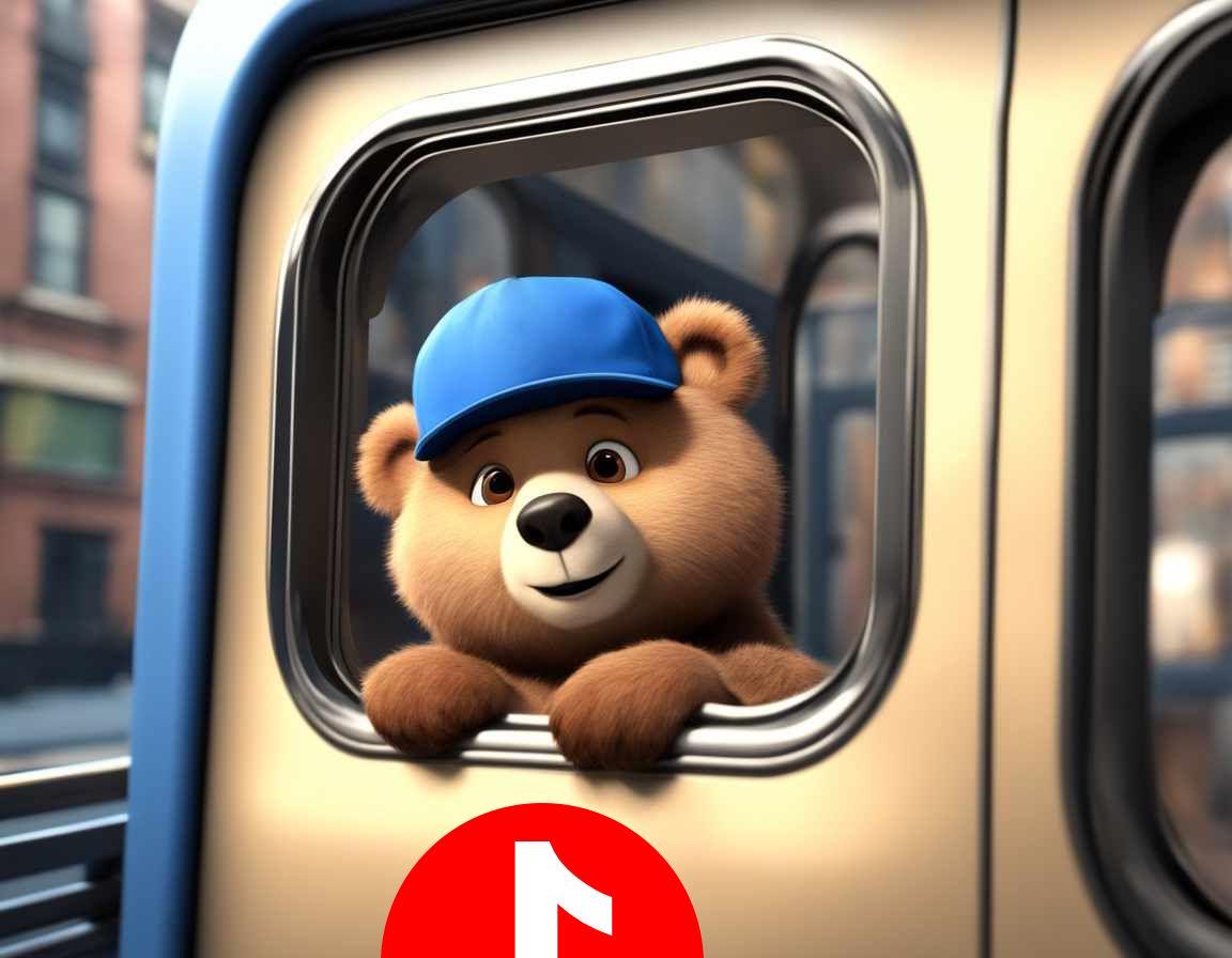 A bear in the window of a subway car